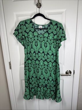 Cabi Palmette dress green and dark navy blue with ruffle accents size small